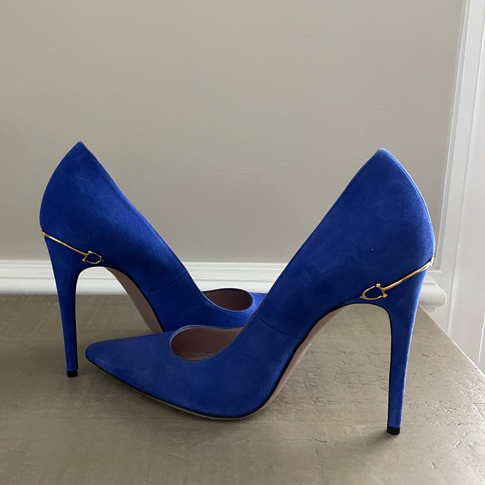 💙 Gucci Blue Suede Pointed Toe Pumps Size 38.5 - Picture 7 of 16